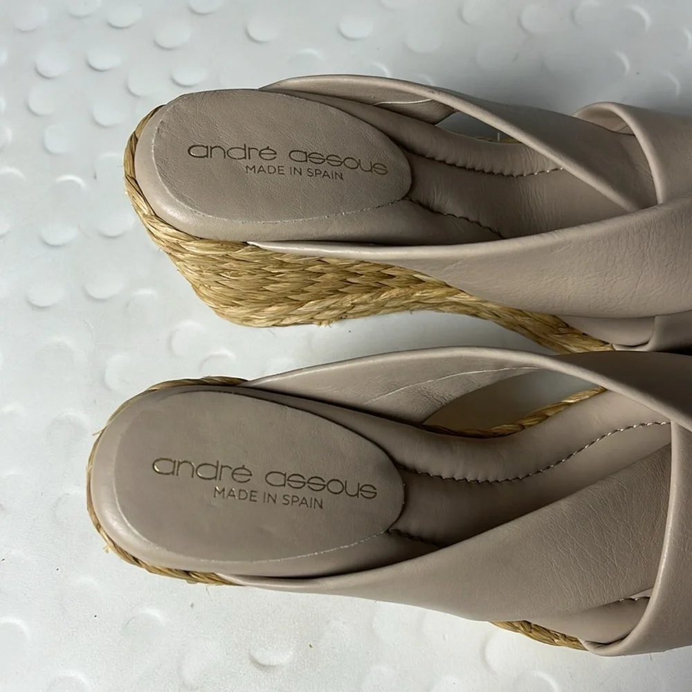 André Assous Opal Tan Leather Slip-On Strappy Wedge Sandals- US 11 / EU 41